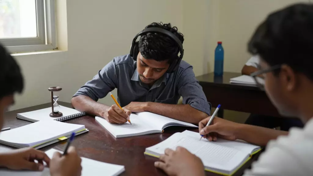 নোট, হেডফোন এবং একটি টাইমার সহ একটি IELTS অনুশীলন পরীক্ষা চালাচ্ছেন শিক্ষার্থী