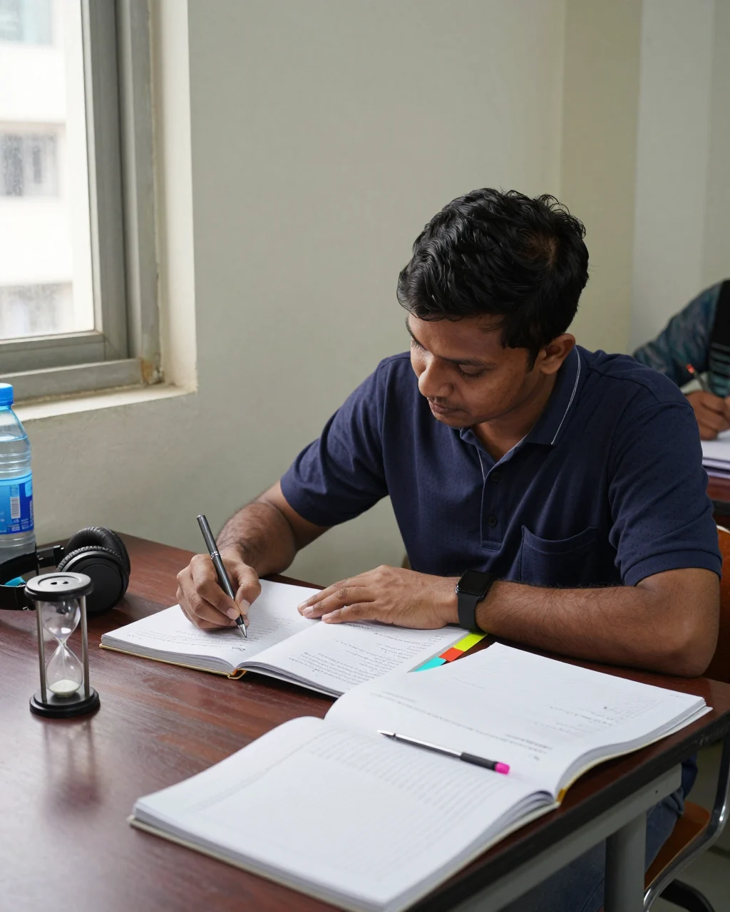 একটি স্টাডি ডেস্কে IELTS কোর্স ফি বিকল্পের তুলনা করছেন শিক্ষার্থী