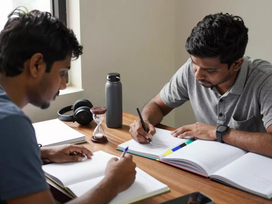 নোট, হেডফোন এবং একটি টাইমার সহ IELTS পড়ার এবং শোনার অনুশীলন