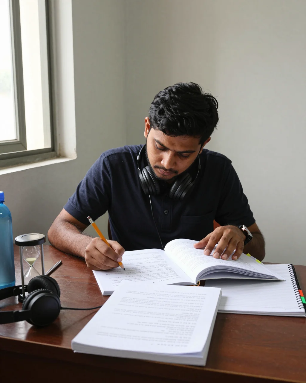 আইইএলটিএস লার্নার হেডফোন এবং একটি অনুশীলন টাইমার সহ শোনার নোট পর্যালোচনা করছে