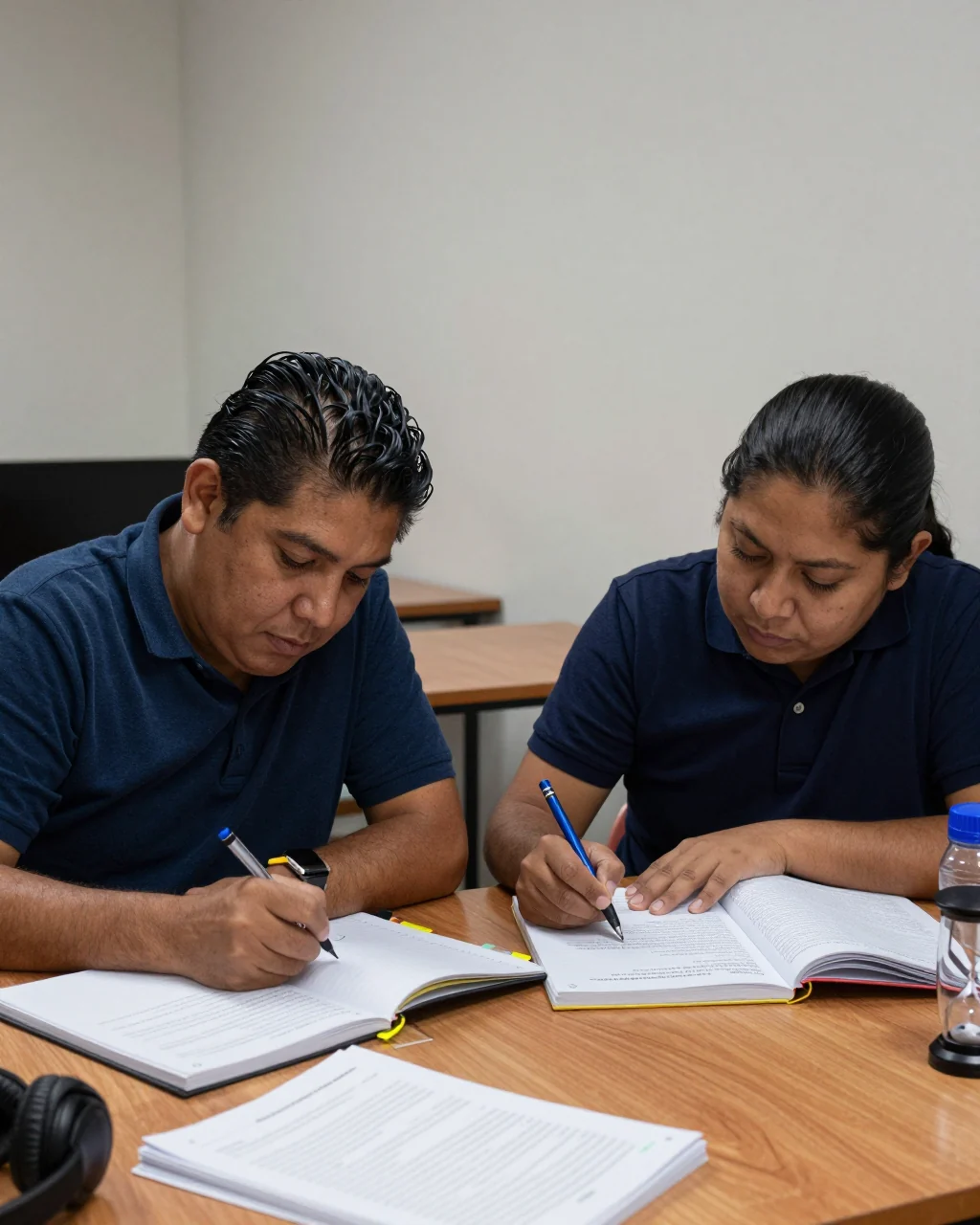 Alumno comparando las opciones de tarifas del curso IELTS junto a un cuaderno de estudio y una computadora portátil