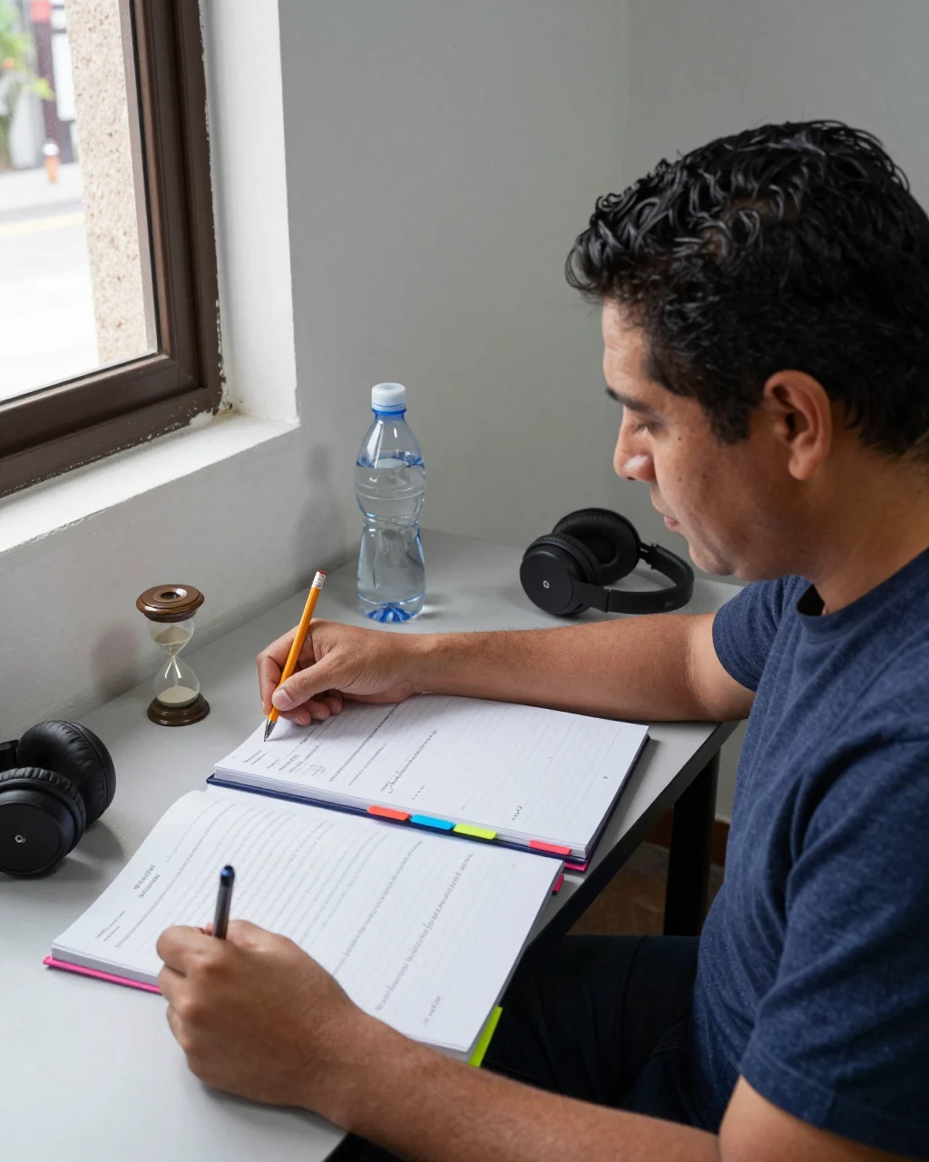 IELTS para principiantes estudiante que planifica un horario de estudio semanal con cuadernos y materiales de práctica
