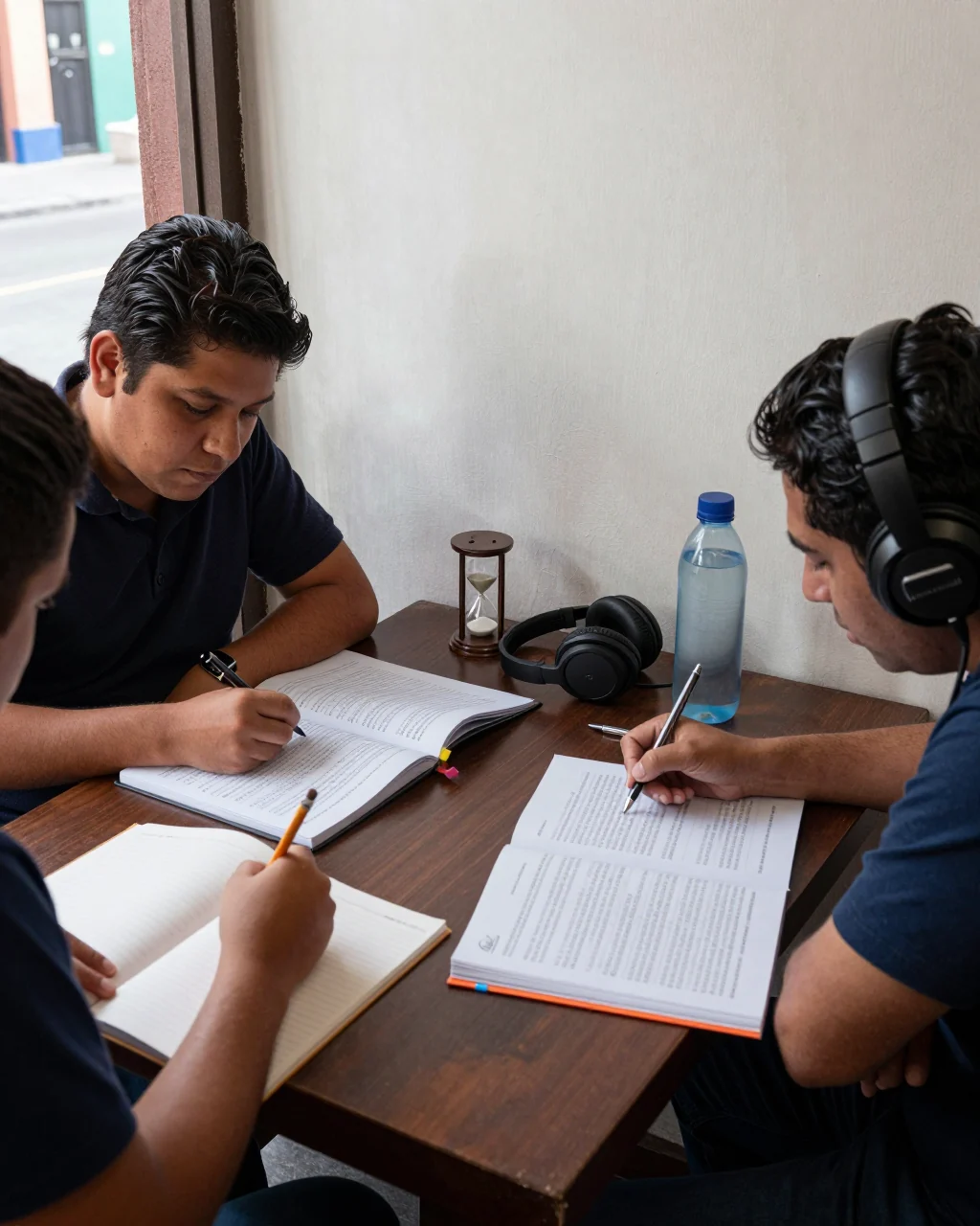 Estudiante usando un cronómetro y un cuaderno para completar un simulacro de IELTS prueba