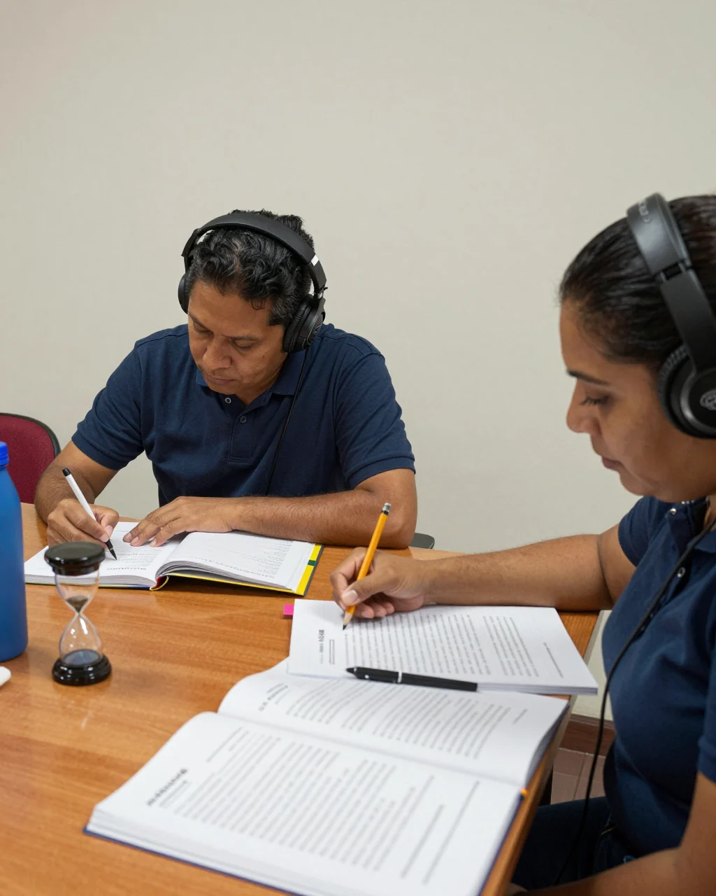 Estudiante usando auriculares y una hoja de trabajo de escucha del IELTS con notas organizadas