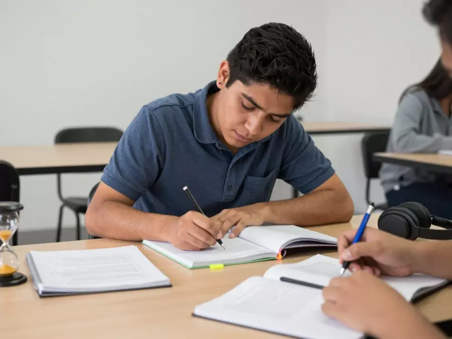 Aula pequeña de IELTS con alumnos que siguen un horario de lecciones fijo