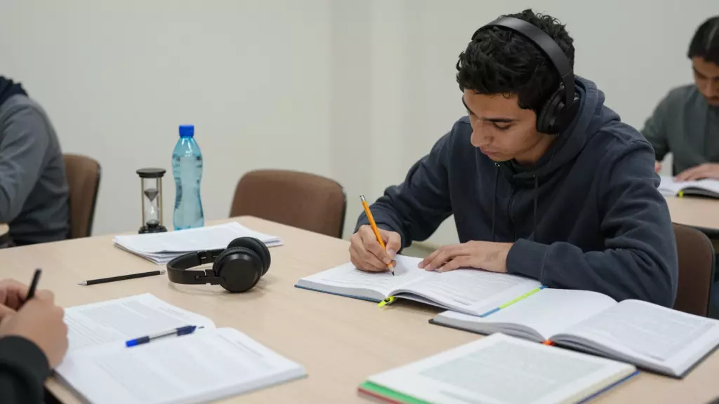 دانش آموز در حال اجرای آزمون تمرینی آیلتس با یادداشت، هدفون و تایمر