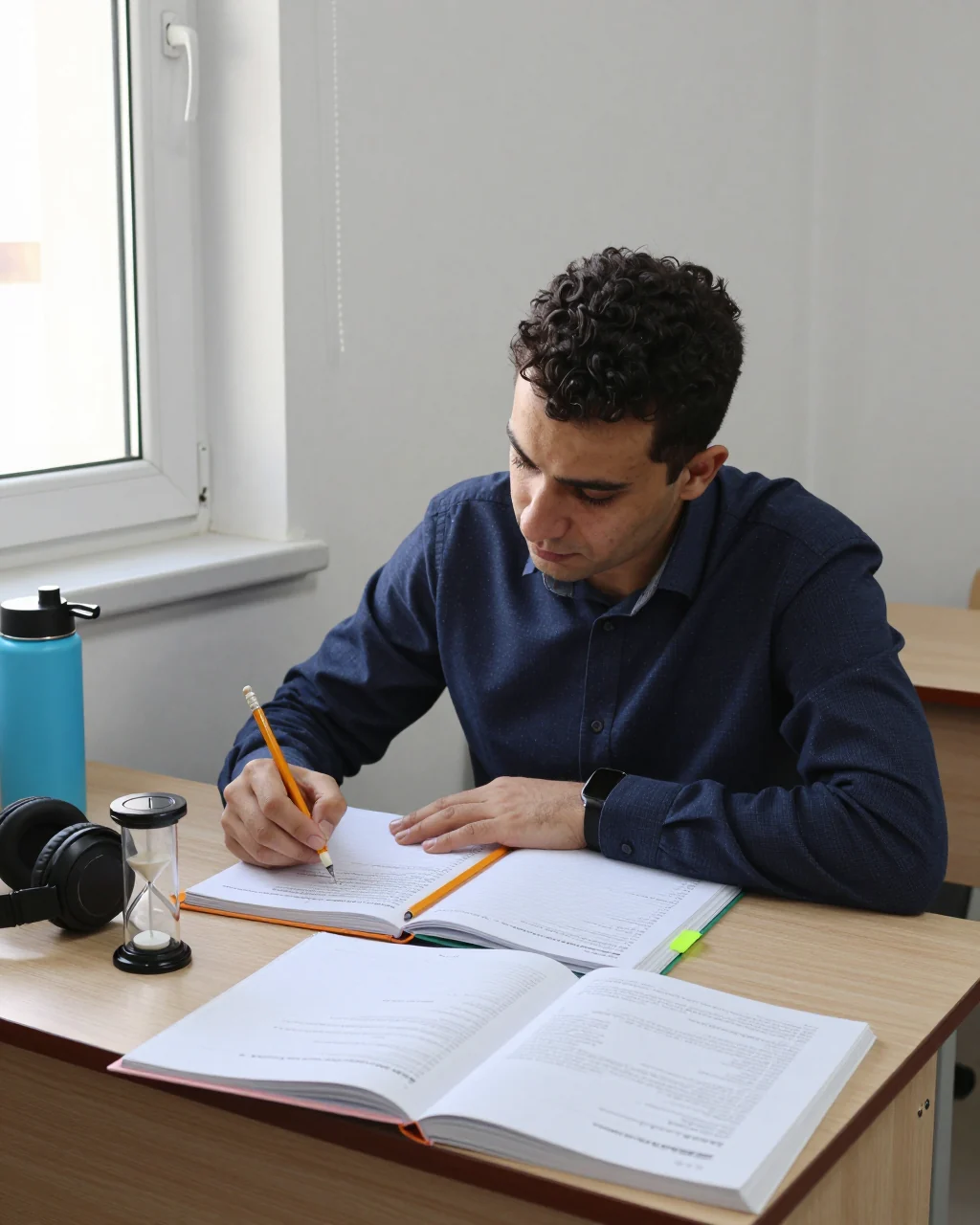 دانشجوی مبتدی آیلتس برنامه ریزی هفتگی مطالعه با دفترچه یادداشت و مواد تمرینی را برنامه ریزی می کند