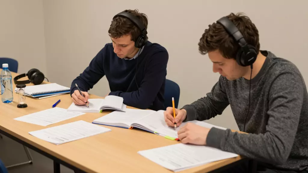 Étudiant exécutant un test pratique IELTS avec des notes, des écouteurs et un minuteur