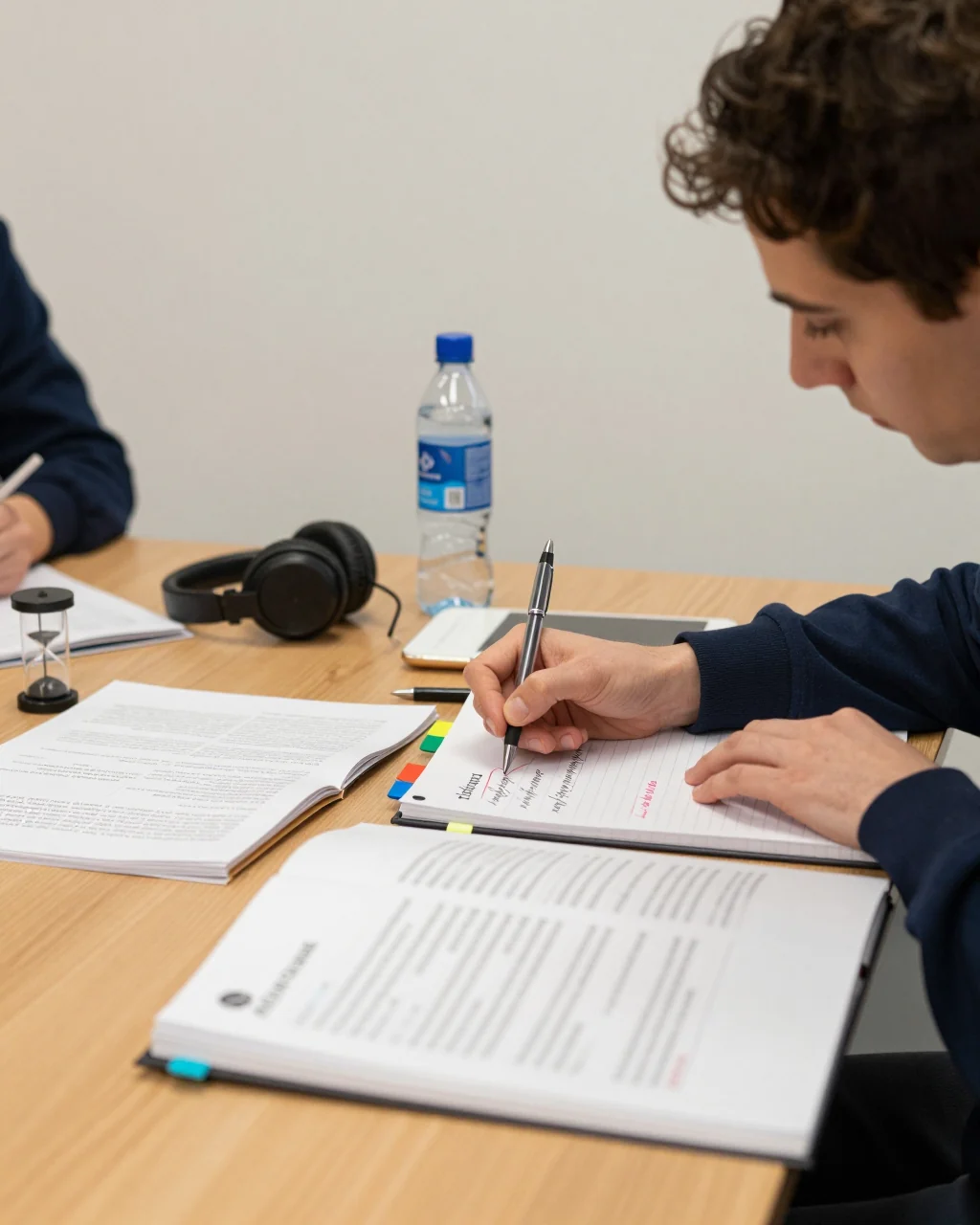 L'apprenant compare les options de frais de cours IELTS à côté d'un cahier d'étude et d'un ordinateur portable