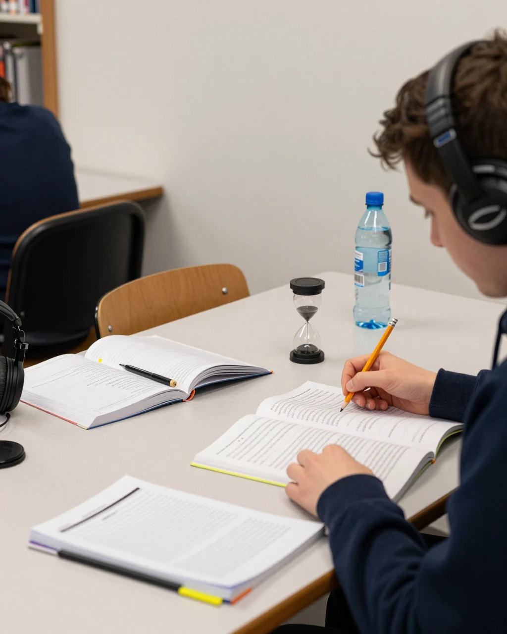 L'étudiant utilise un minuteur et un cahier pour réaliser une simulation d'IELTS test