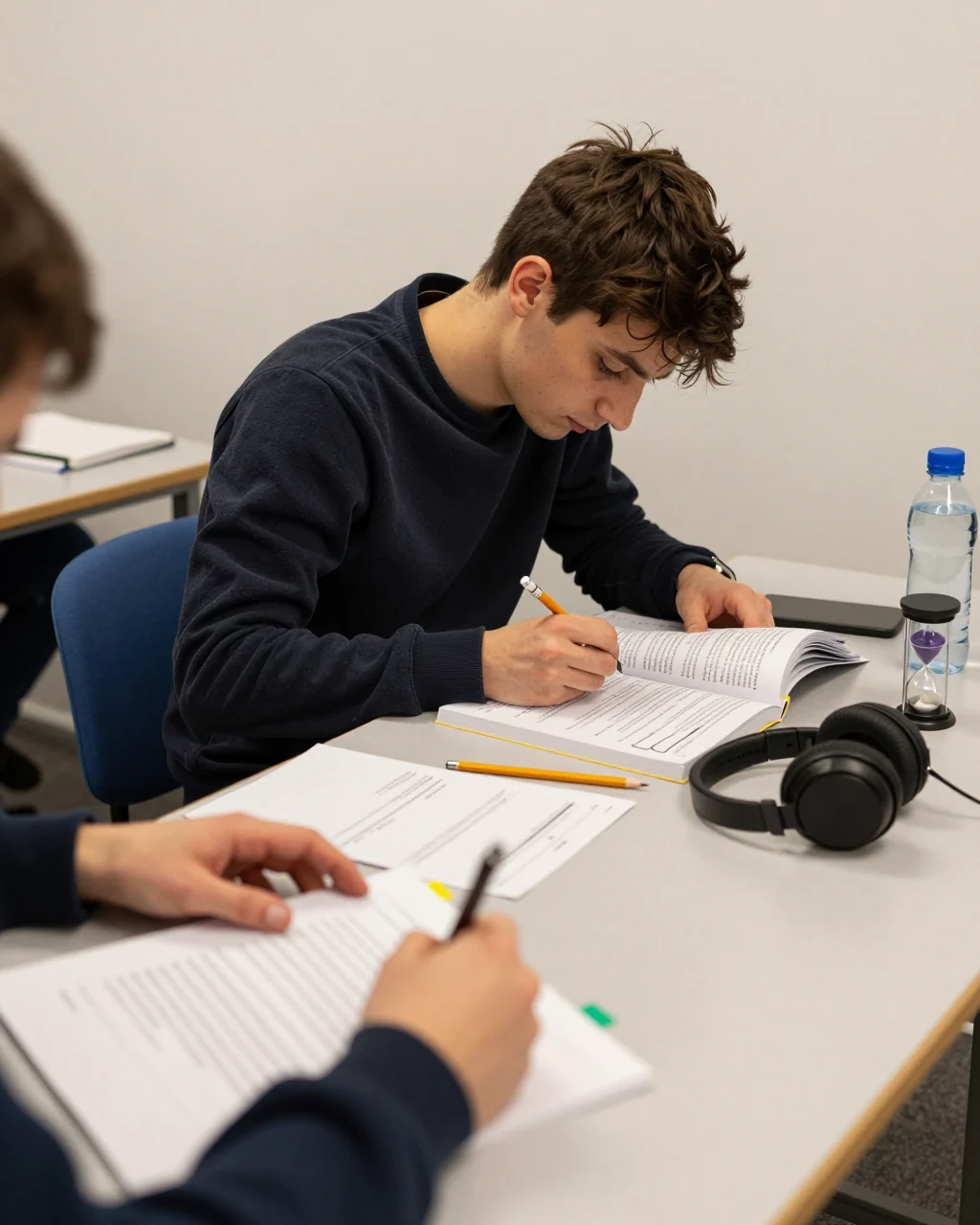 Étudiant utilisant des écouteurs et une feuille de travail d'écoute IELTS avec des notes organisées