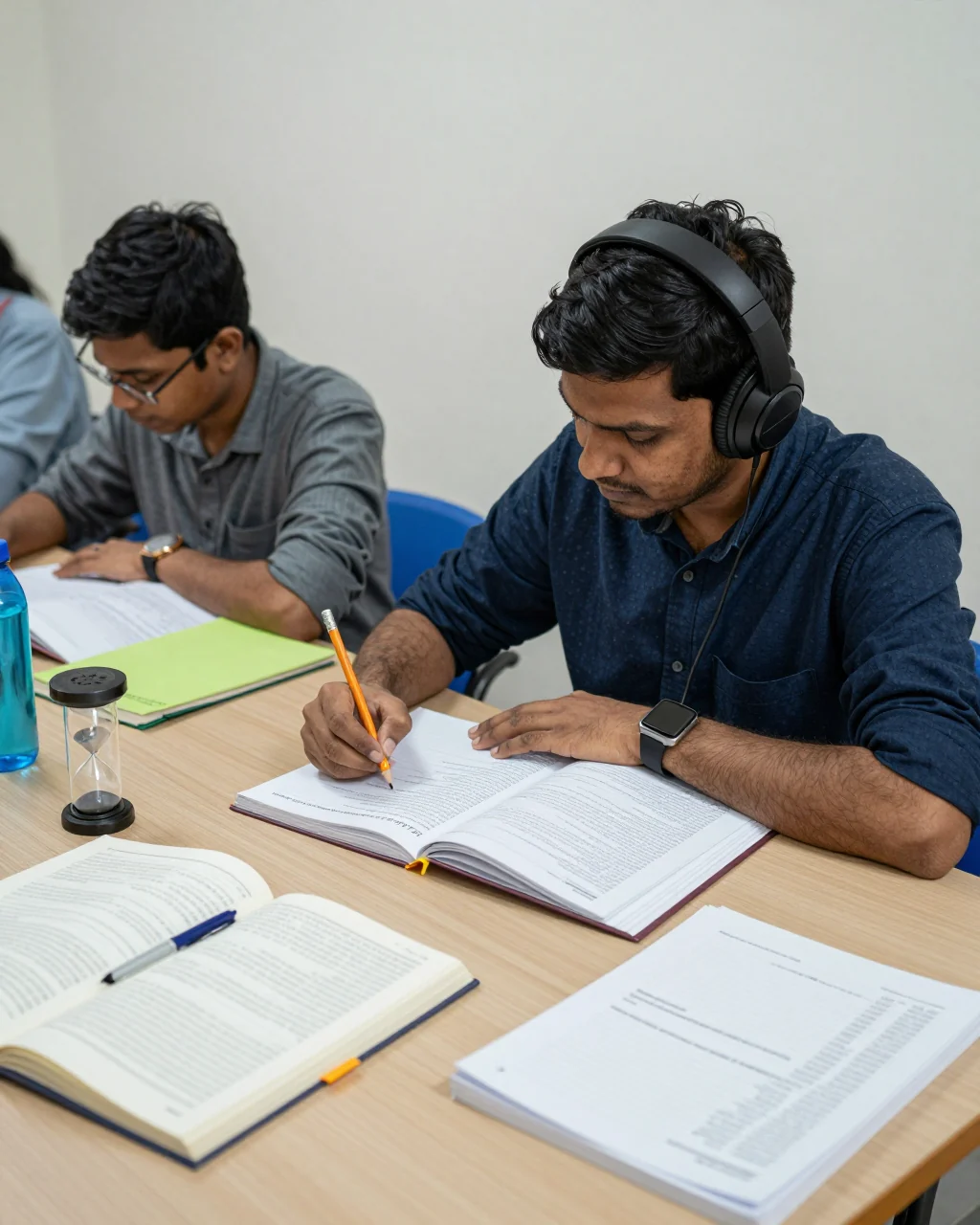 आईईएलटीएस मॉक टेस्ट पूरा करने के लिए टाइमर और नोटबुक का उपयोग करने वाला छात्र