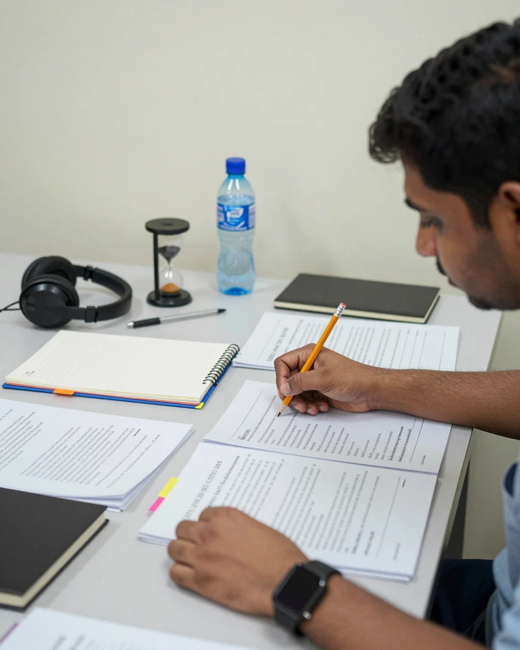 हेडफोन का उपयोग करने वाले छात्र और व्यवस्थित नोट्स के साथ एक आईईएलटीएस सुनने की वर्कशीट