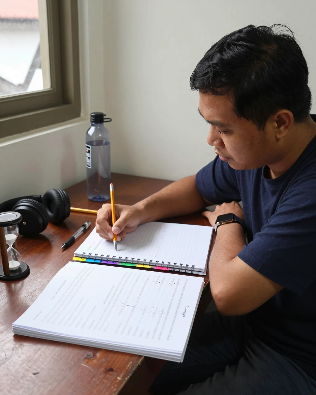 Pembelajar IELTS mempelajari kursus online dengan catatan pelajaran dan rencana modul