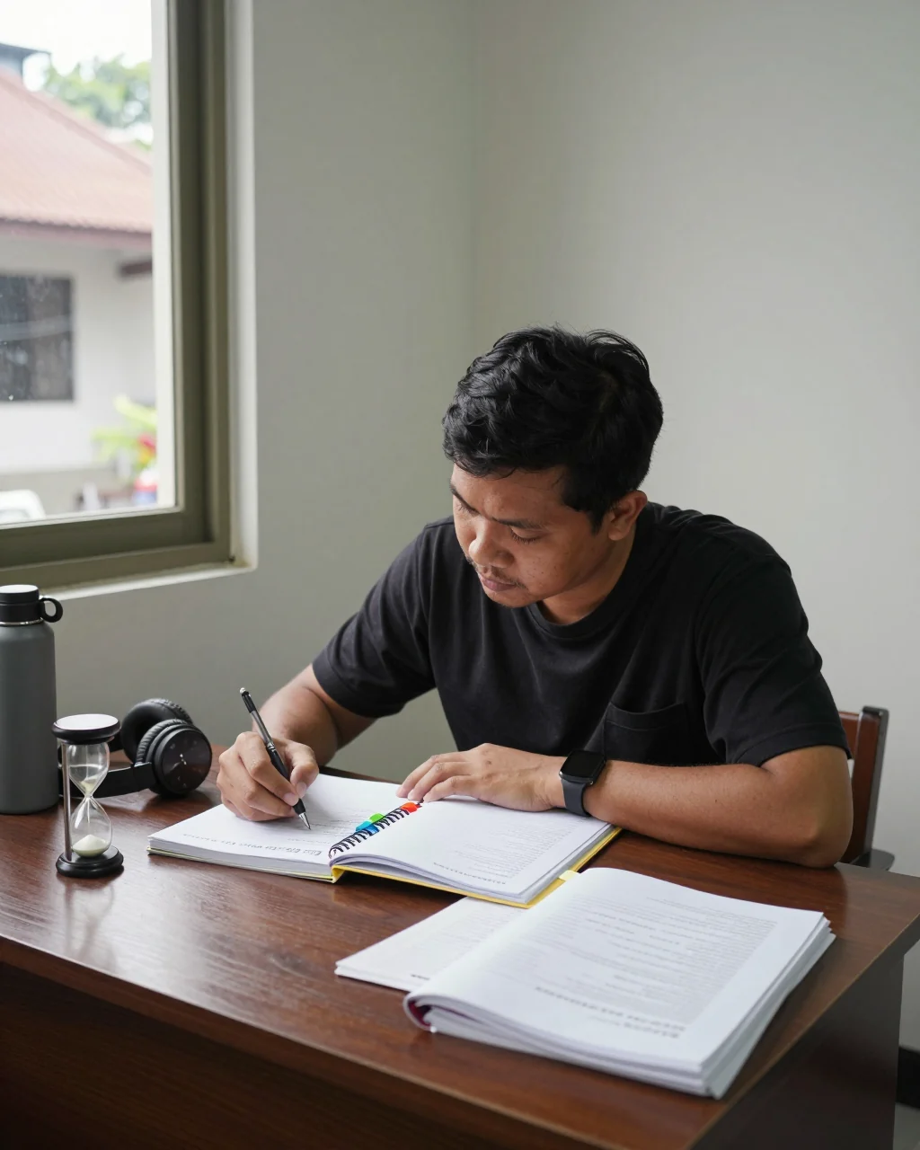 Peserta membandingkan pilihan biaya kursus IELTS selain buku catatan belajar dan laptop