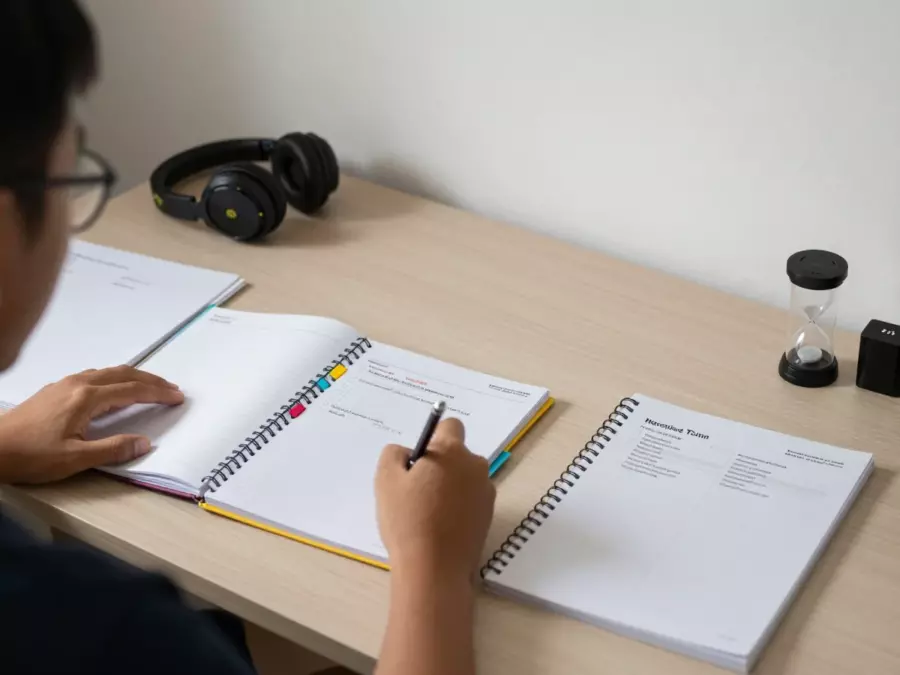 Rencana tugas menulis IELTS dengan catatan cepat, peta paragraf, dan pemeriksaan revisi