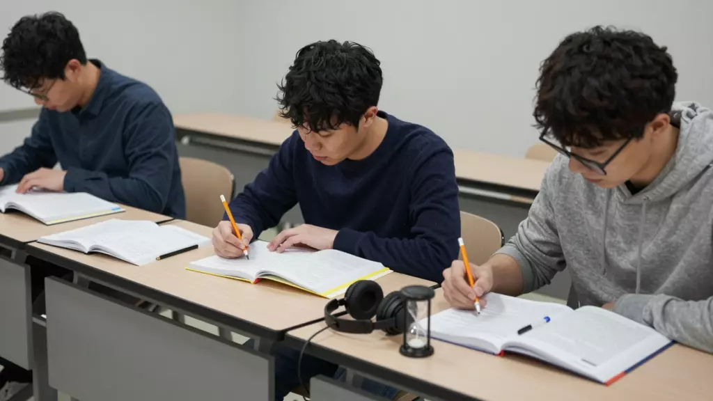 노트, 헤드폰 및 헤드폰을 사용하여 IELTS 연습 시험을 실행하는 학생 타이머