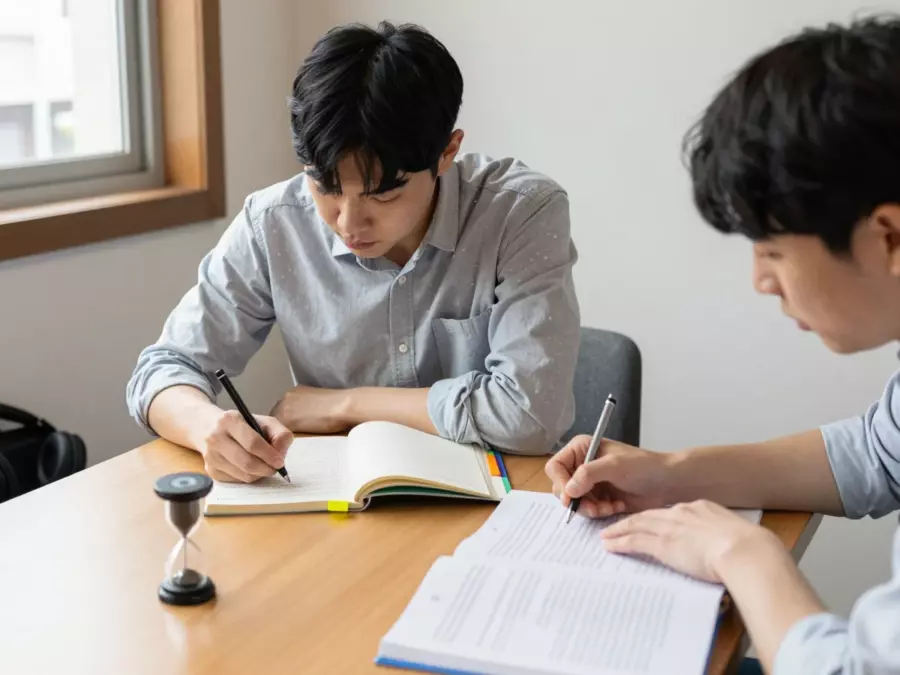 학습자와 에세이 구조 및 과제 응답에 대해 논의하는 IELTS 교사