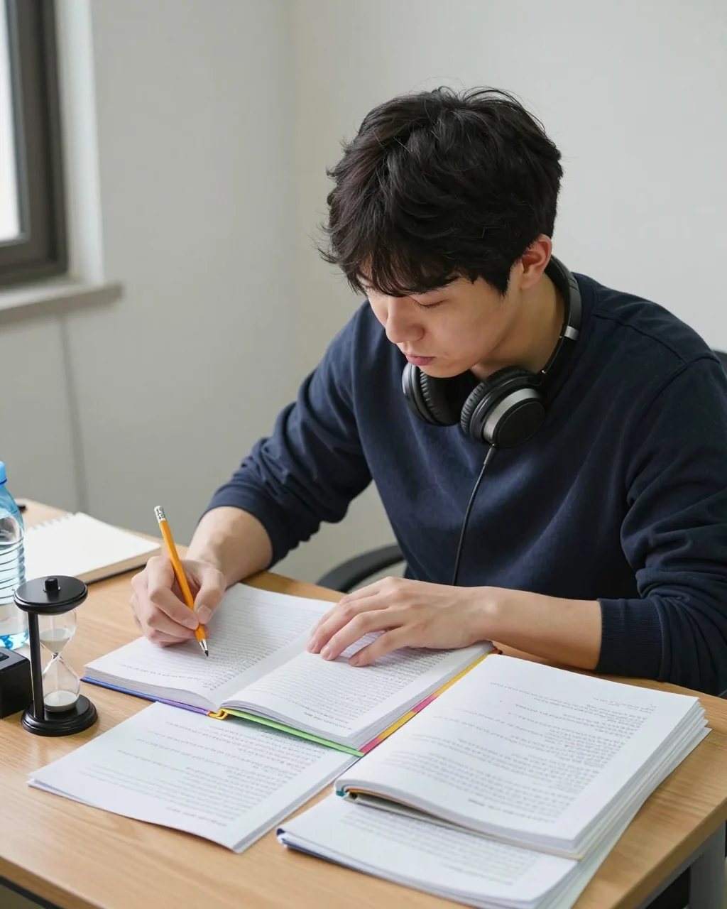 타이머와 노트북을 사용하여 IELTS 모의 시험을 완료하는 학생