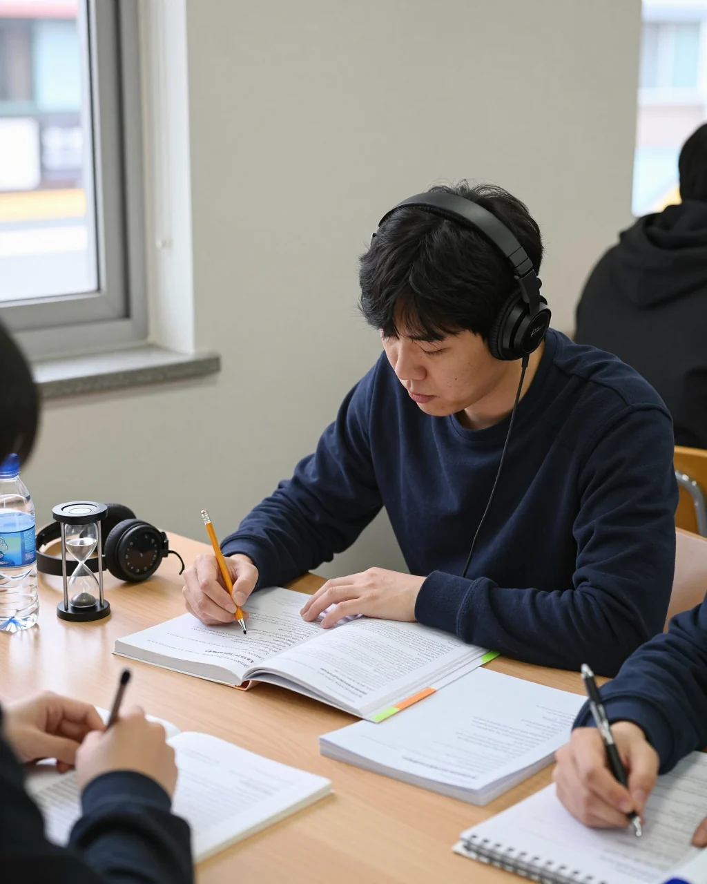 헤드폰을 사용하는 학생과 정리된 메모가 포함된 IELTS 청취 워크시트