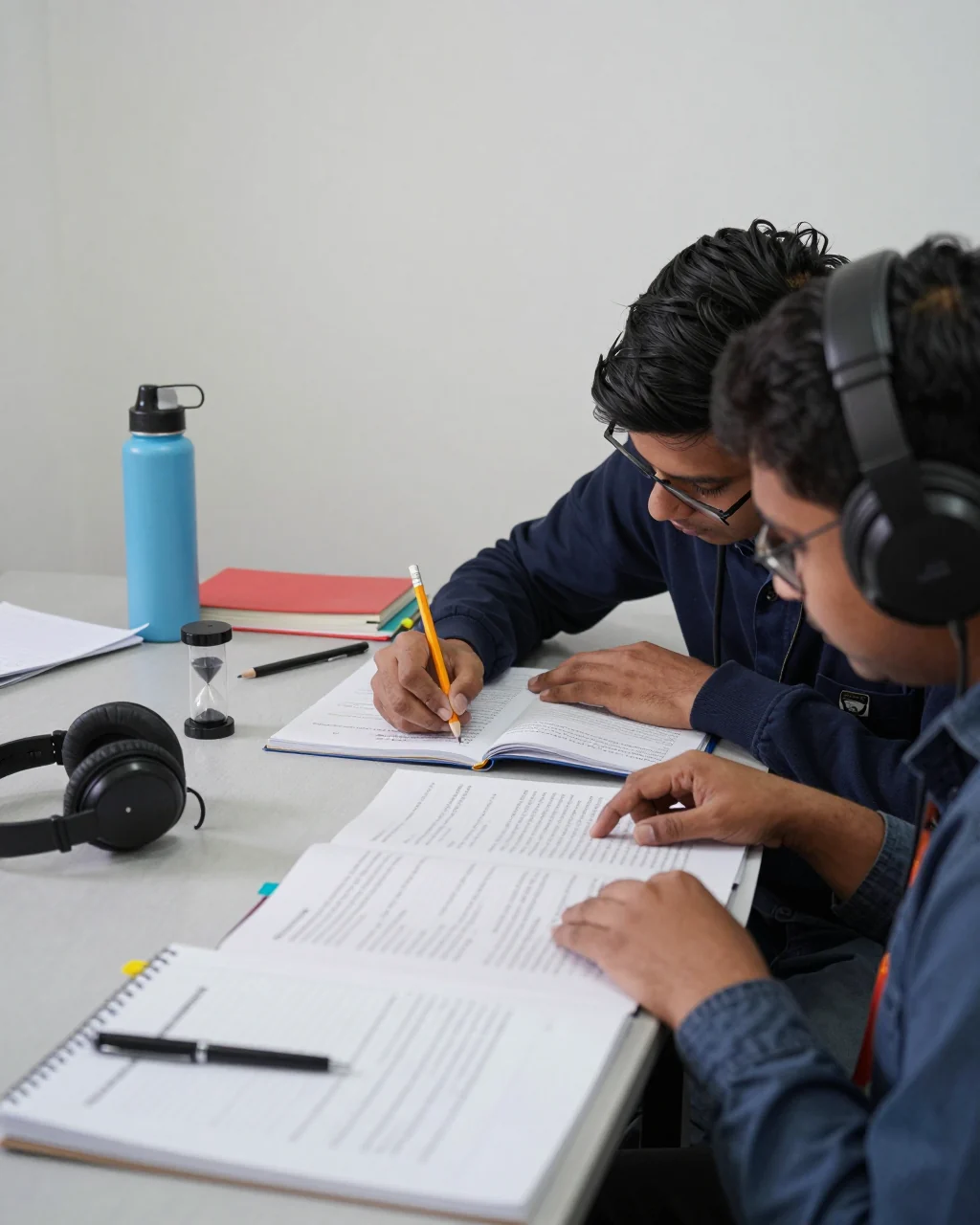 विद्यार्थीले IELTS नक्कली परीक्षा पूरा गर्न टाइमर र नोटबुक प्रयोग गर्दै
