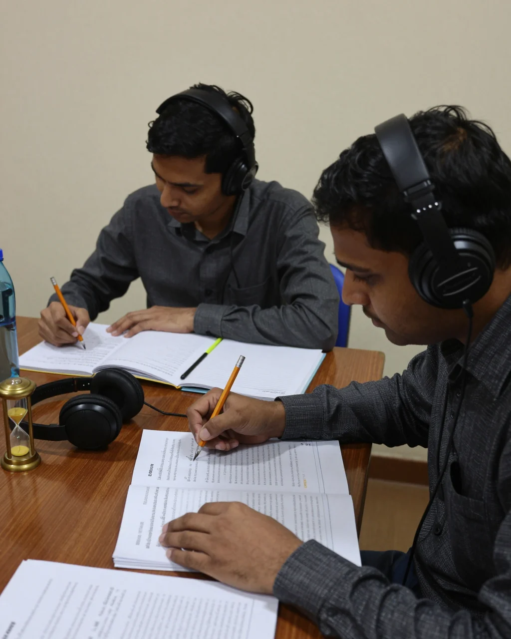 हेडफोन प्रयोग गर्ने विद्यार्थी र संगठित नोटहरूको साथ IELTS सुन्ने कार्यपत्र