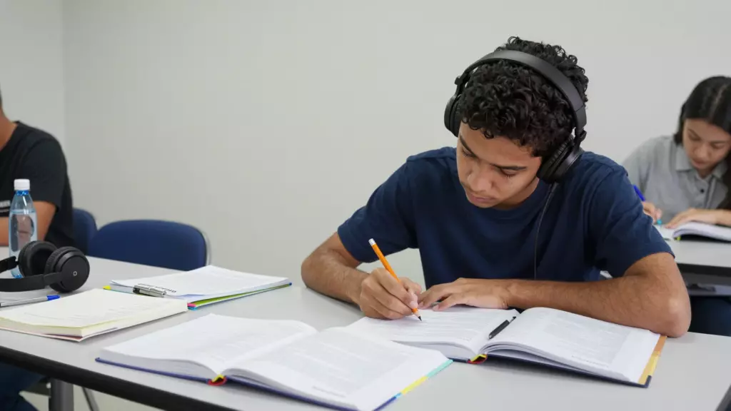 Aluno executando um teste prático IELTS com notas, fones de ouvido e um cronômetro