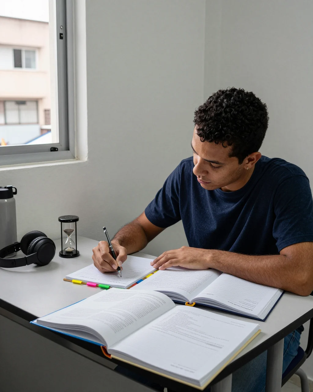 O aluno compara as opções de taxas do curso IELTS ao lado de um caderno de estudo e laptop