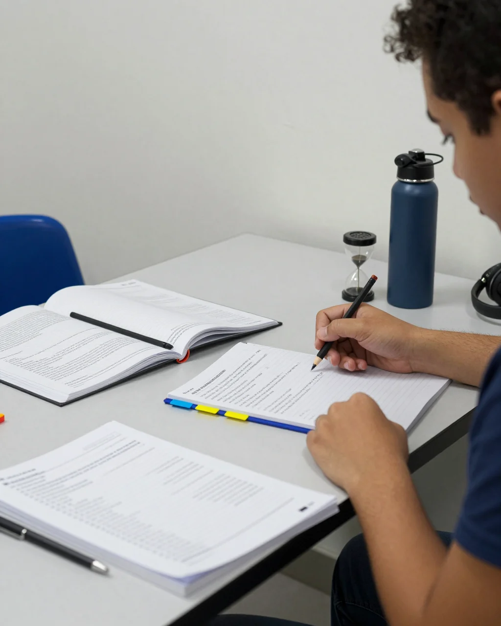 Aluno iniciante do IELTS planejando um cronograma de estudo semanal com cadernos e materiais práticos