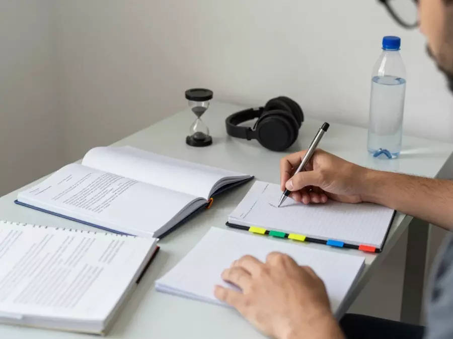 Professor do IELTS discutindo a estrutura da redação e a resposta da tarefa com um aluno