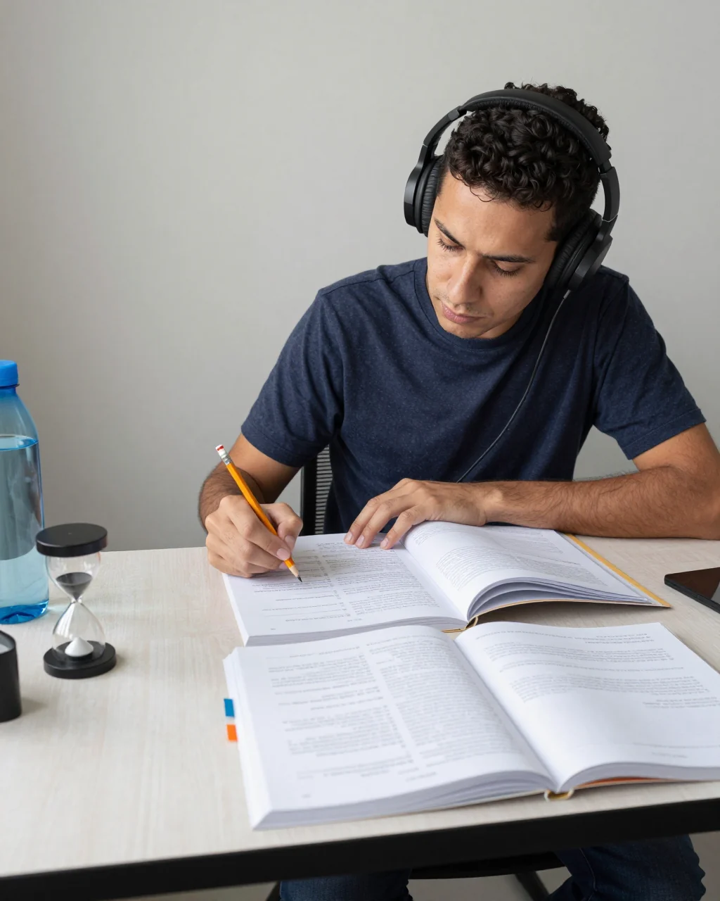 Aluno usando um cronômetro e um caderno para completar uma simulação do IELTS teste