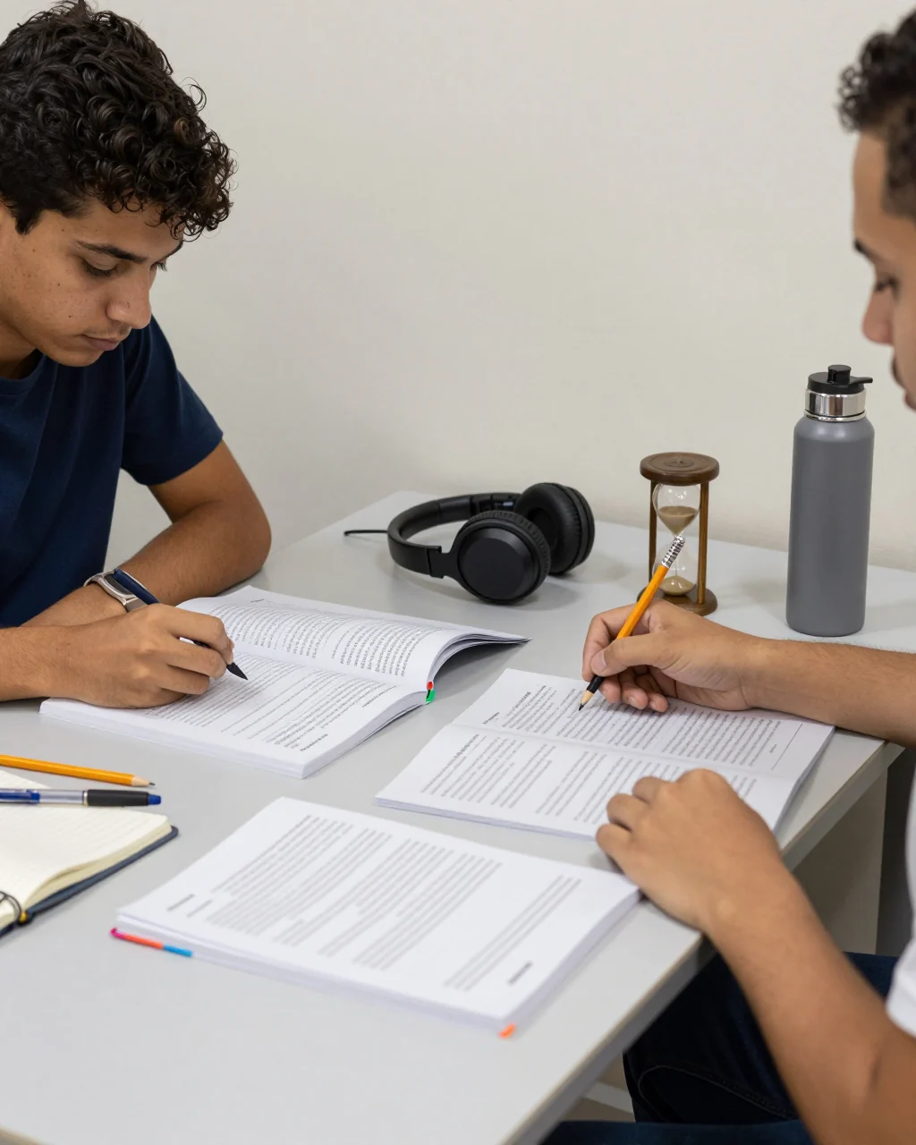 Aluno usando fones de ouvido e uma planilha de escuta do IELTS com notas organizadas