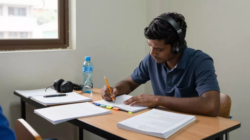සටහන්, හෙඩ්ෆෝන්, සහ ටයිමරයක් සහිත IELTS පුහුණු පරීක්ෂණයක් පවත්වමින් සිටින ශිෂ්‍යයා