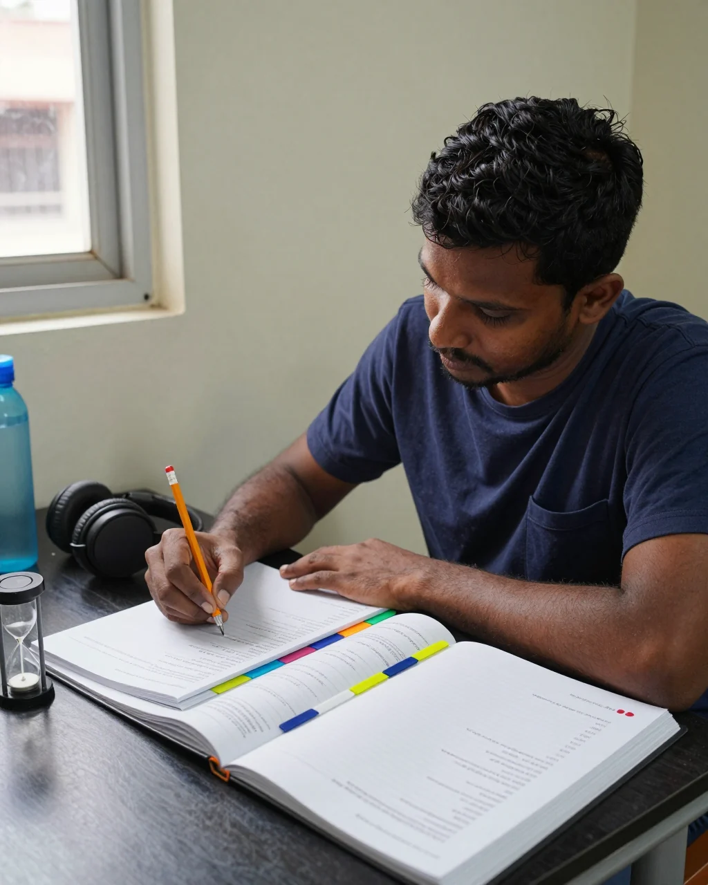 ආරම්භක IELTS සිසුන් සටහන් පොත් සහ පුහුණු ද්‍රව්‍ය සමඟ සතිපතා අධ්‍යයන කාලසටහනක් සැලසුම් කරයි