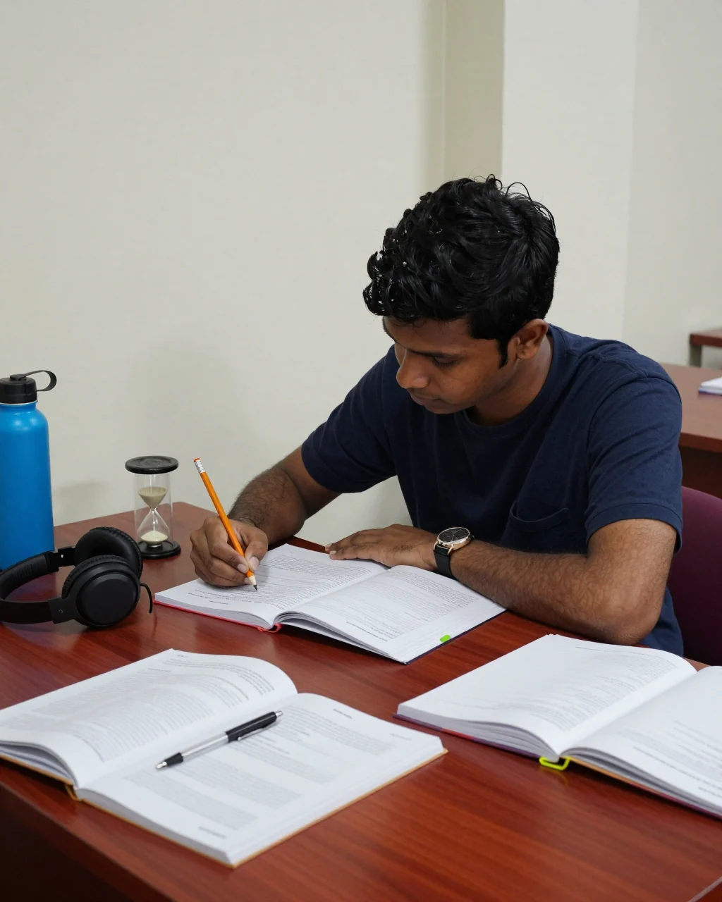 IELTS ඉගෙන ගන්නන් හෙඩ්ෆෝන් සහ ප්‍රායෝගික ටයිමරයක් සමඟ සවන්දීමේ සටහන් සමාලෝචනය කරයි