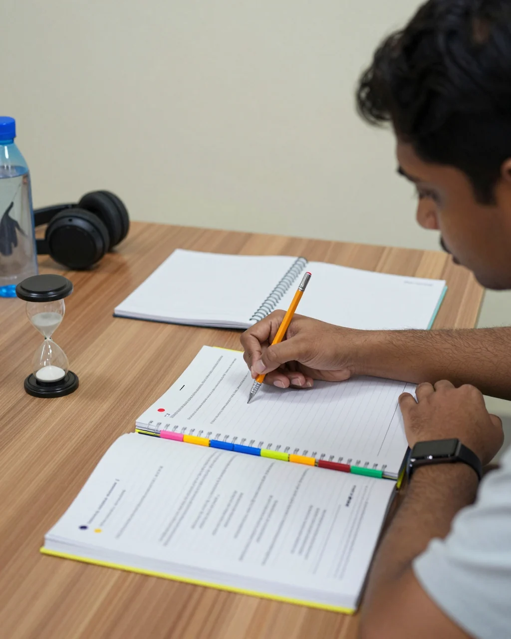 தொடக்கநிலை IELTS மாணவர் குறிப்பேடுகள் மற்றும் பயிற்சிப் பொருட்களுடன் வாராந்திர படிப்பு அட்டவணையைத் திட்டமிடுகிறார்