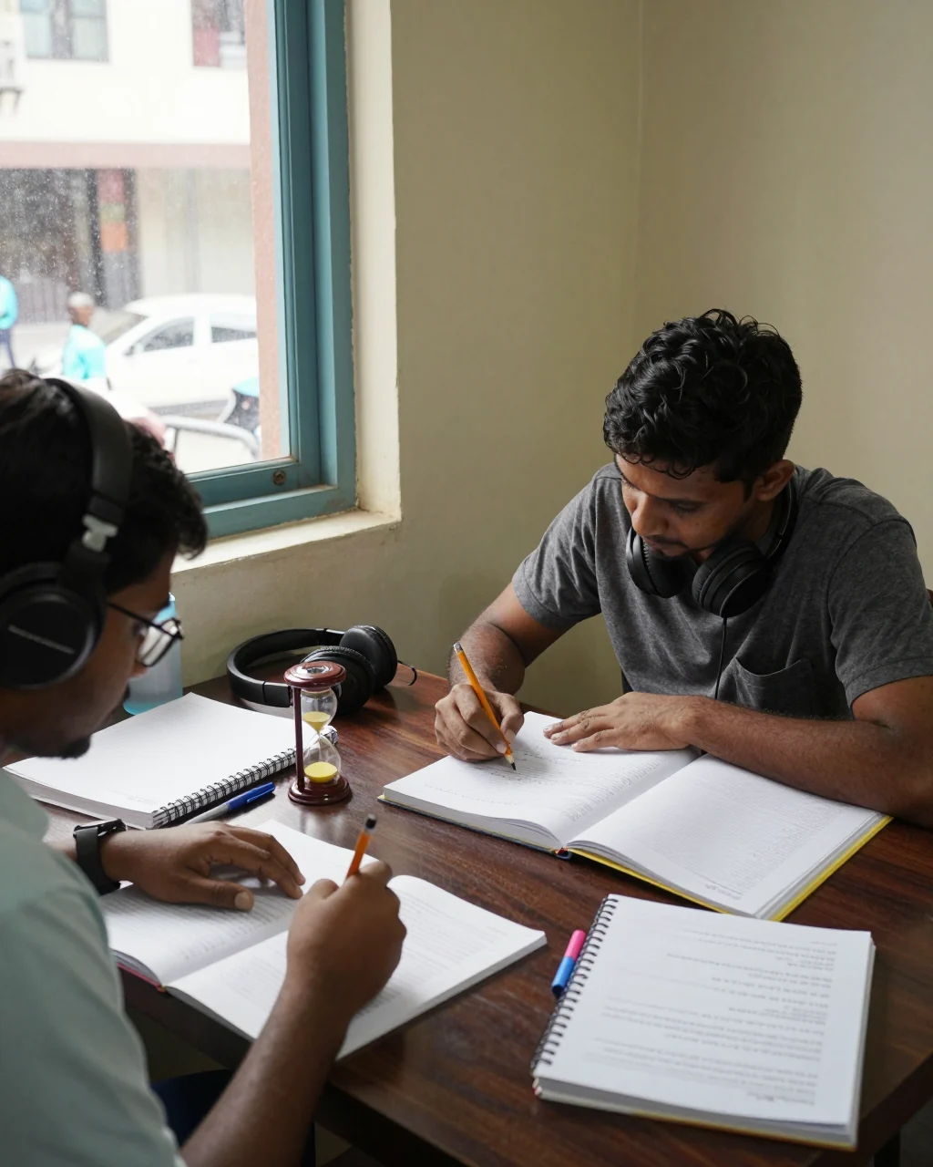 IELTS மாதிரி சோதனையை முடிக்க டைமர் மற்றும் நோட்புக்கைப் பயன்படுத்தும் மாணவர்
