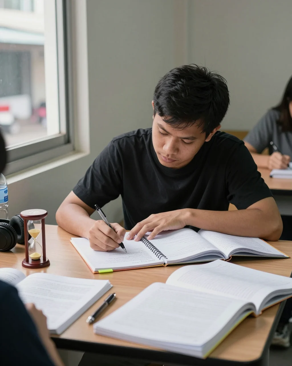 ผู้เรียนเปรียบเทียบตัวเลือกค่าธรรมเนียมหลักสูตร IELTS ข้างสมุดบันทึกการเรียนและแล็ปท็อป