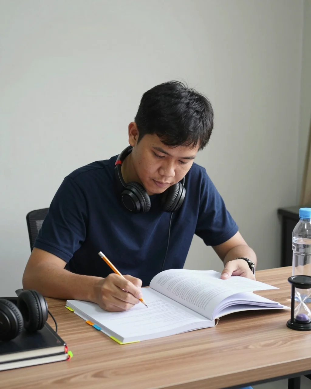 นักเรียนที่ใช้ตัวจับเวลาและสมุดบันทึกเพื่อทำแบบทดสอบจำลอง IELTS