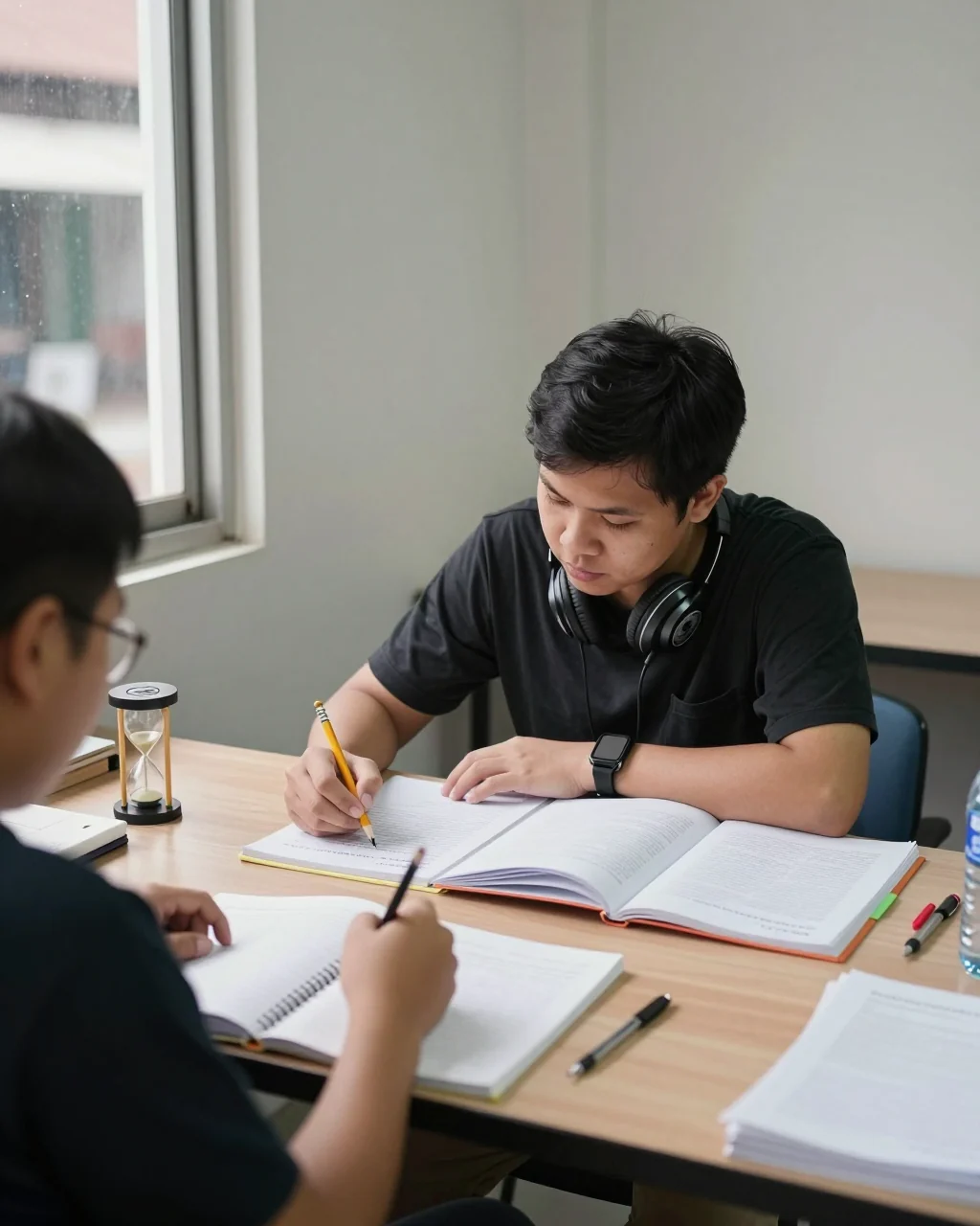 น���กเรียนใช้หูฟังและใบงานการฟัง IELTS พร้อมบันทึกย่อที่จัดระเบียบ