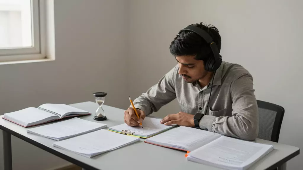 طالب علم IELTS ہیڈ فون پریکٹس ٹیسٹ چلا رہا ہے اور اس کے ساتھ نہیں ٹائمر