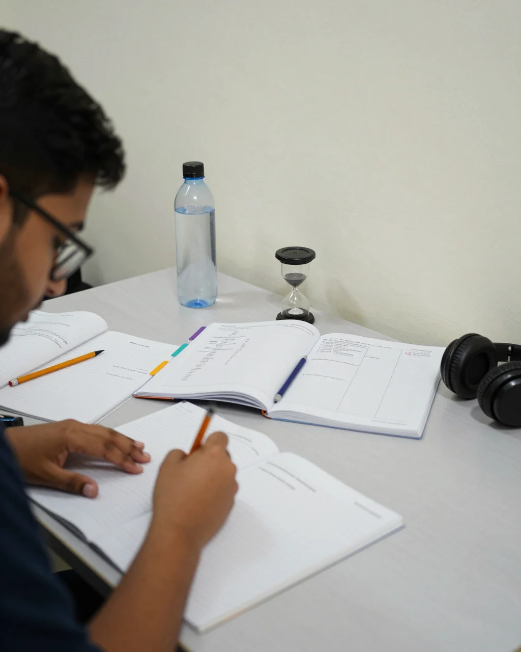 ابتدائی IELTS طالب علم نوٹ بکس اور پریکٹس کے مواد کے ساتھ ہفتہ وار مطالعہ کے شیڈول کی منصوبہ بندی کر رہا ہے
