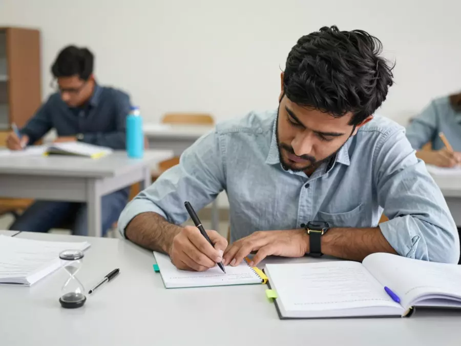 IELTS استاد ایک سیکھنے والے کے ساتھ مضمون کے ڈھانچے اور ٹاسک کے جواب پر تبادلہ خیال کر رہا ہے۔