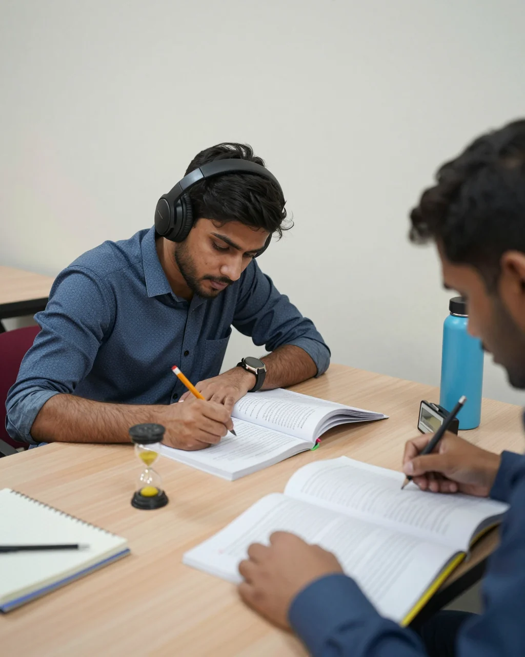 طالب علم IELTS کا فرضی ٹیسٹ مکمل کرنے کے لیے ٹائمر اور نوٹ بک کا استعمال کر رہا ہے۔