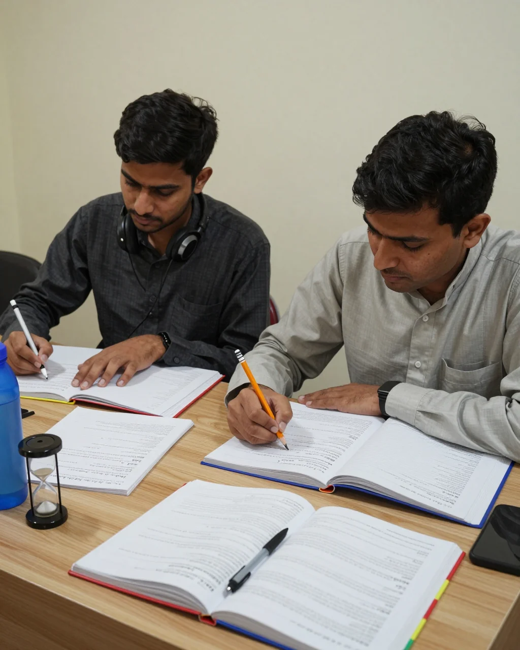 ہیڈ فون استعمال کرنے والا طالب علم اور منظم نوٹ کے ساتھ ایک IELTS سننے والی ورک شیٹ