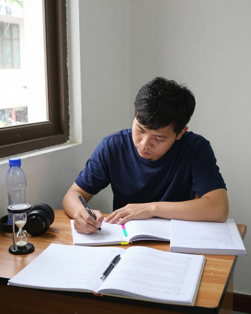 >Người học so sánh các lựa chọn học phí IELTS bên cạnh sổ tay học tập và máy tính xách tay