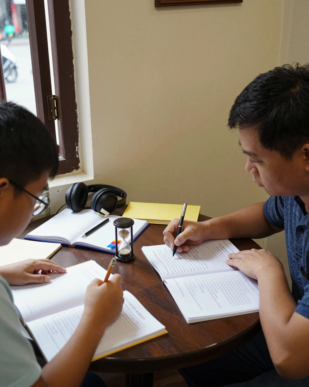 Học sinh sử dụng đồng hồ bấm giờ và sổ ghi chép để hoàn thành bài kiểm tra thử IELTS