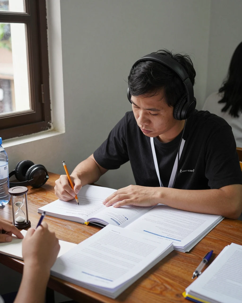 Học sinh sử dụng tai nghe và bài tập nghe IELTS có tổ chức ghi chú