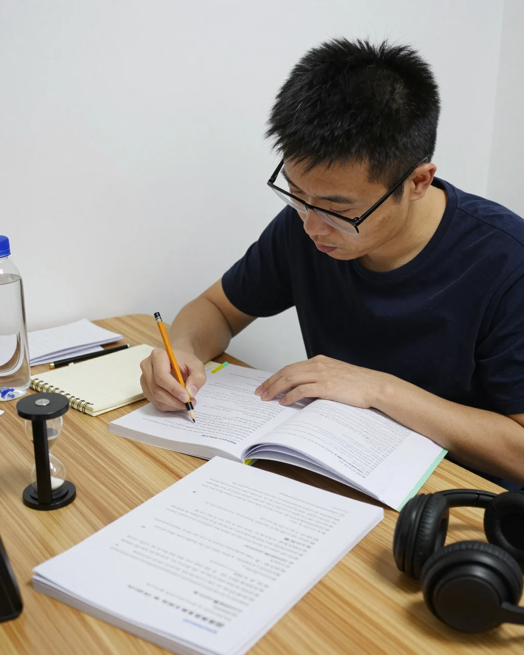 学生使用计时器和笔记本完成雅思模拟考试